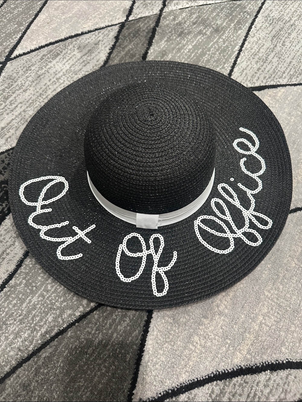 Black 'Out Of Office' Wide Brim Sun Hat with White Ribbon